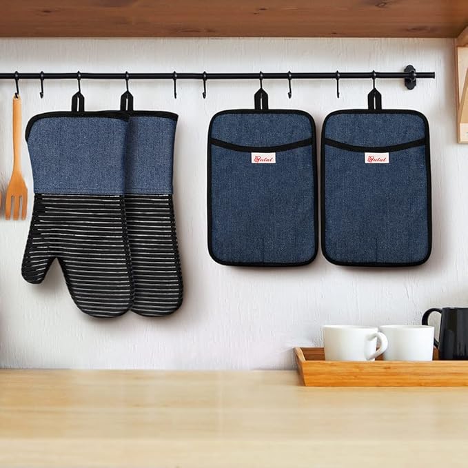 Yutat Oven Mitts, Pot Holders Set of 4 Made with Pure Cotton and Food Grade Non-Slip Silicone - 500 F Heat Resistant Oven Mitts and Pot Holders Sets for Kitchen Cooking (4pcs Set, Black and Denim)
