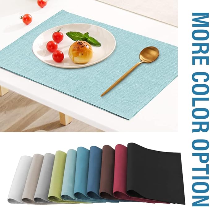 H.VERSAILTEX Linen Placemats Set of 4 Premium Solid Table Placemats for Dining Table Spill-Proof Waterproof Table Mats Heat-Resistant Kitchen Table Mats Washable, 12x18 inches, Aqua
