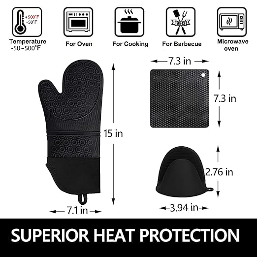 Silicone Oven Mitts and Pot Holders Sets, MTZRFLL Extra Long Heat Resistant Oven Gloves with Hot Pads and Mini Oven Mits Set for Kitchen Baking Cooking, Soft Quilted Lining, Pack of 6 (Black)