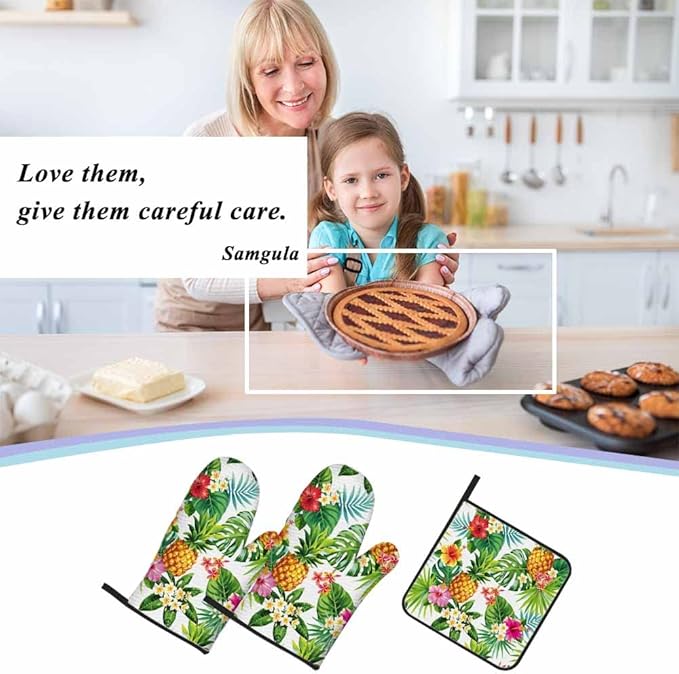 Tropical Pineapple Oven Mitts and Pot Holders Sets Palm Tree Flower Fruit Heat Resistant 3pcs for Cooking Baking BBQ