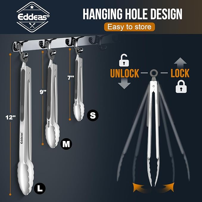 EDDEAS Tongs For Cooking - Heat Resistant 600 Degrees Stainless Steel Kitchen Tong,Heavy Duty Metal Locking Tongs - Perfect for Food, BBQ set of 3 (7",9" and 12") Grey