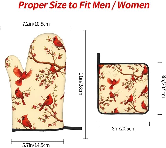 Red Cardinal Oven Mitts and Pot Holders Sets of 3, Non-Slip Christmas Heat Resistant Kitchen Gloves Hot Pad, Cardinal Gifts for Women, Rustic Christmas Kitchen Decor, Baking Cooking Grilling Gifts