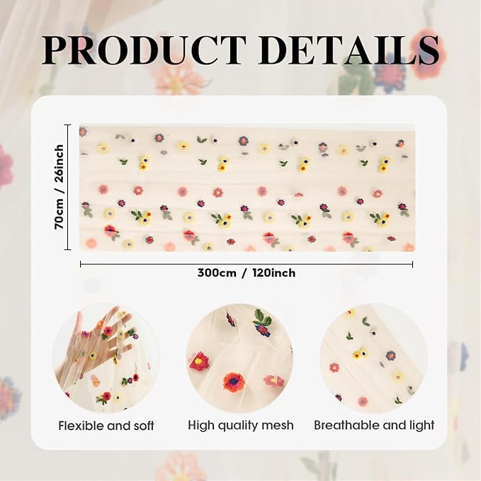 Artoid Mode Beige Apricot Wildflower Floral Gauze Embroidery Table Runner 120 Inch 10FT, Tulle Seasonal Spring Kitchen Dining Table Decor for Home Party