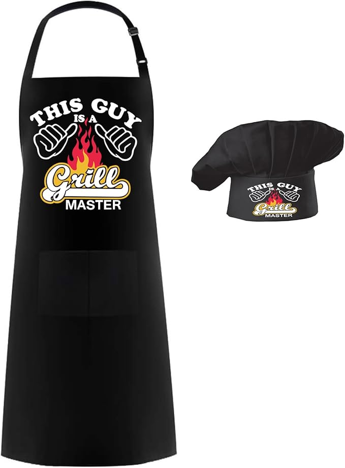 Hyzrz Chef Apron Hat Set,Adjustable Chef Hat and Apron Baker Costume with Pocket for Kitchen Grill BBQ Fathers Mothers Gift