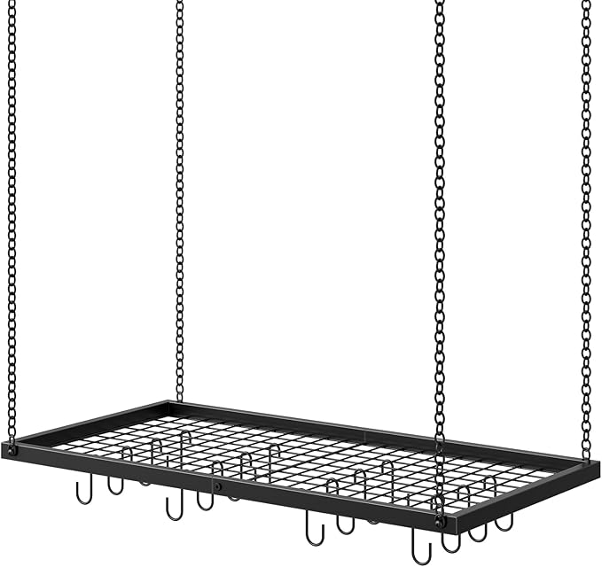 CHOEZON Hanging Pot Rack, Ceiling Mounted Pot Hanger for Kitchen, Metal Cookware Storage Organizer with 12 Hooks, for Storage of Cookware, Utensils in Kitchen, Black TPR31BB