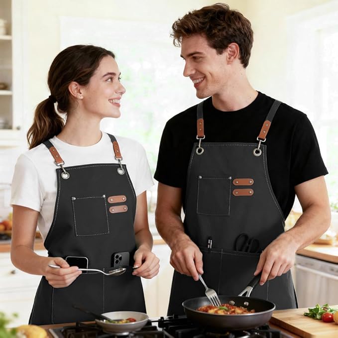 Chef Apron for Women Men with Pockets, Cotton Canvas Cross Back Adjustable Gardening Apron