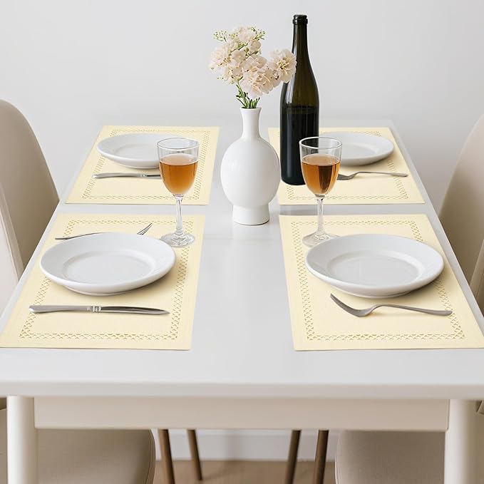 Linen Cloth Placemats Set of 4, HADEEONG 12 x 18 Inch Hollow Edge Place Mats Washable Heat Resistant Placemats Cloth Table Mats for Dining Table Home Decor (Beige, 4)