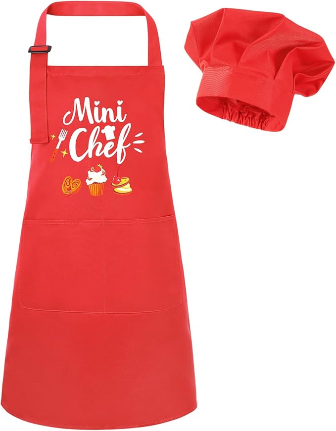 Kids Apron and Chef Hat Set, “Mini Chef” Funny Apron Adjustable Kitchen Apron for Boys and Girls