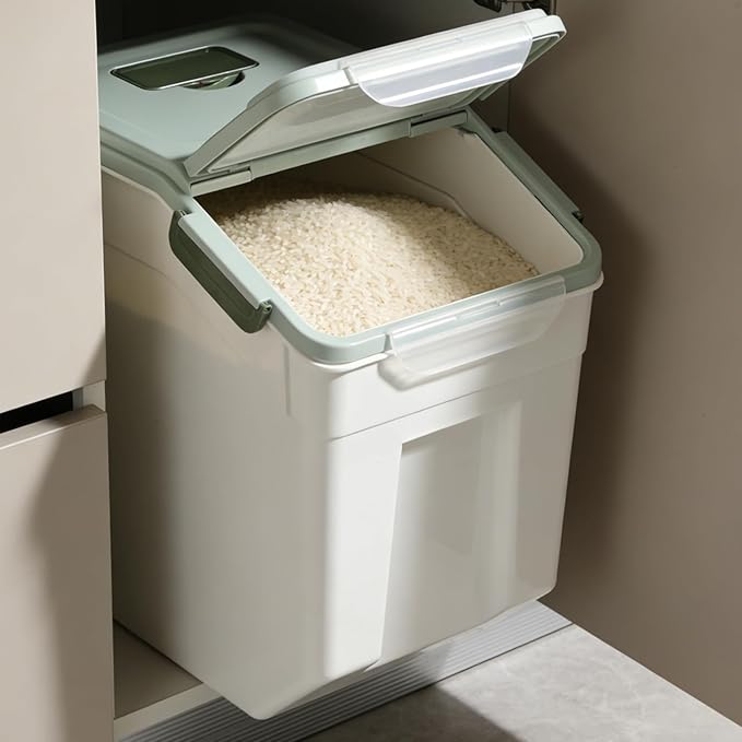 PENCK Rice Storage Container 50 lbs Large Household Flour Sugar Containers Airtight Grain Cereal Dispenser with Wheels, Locking Lid & Measuring Cup for Kitchen Pantry Organization, 2 Pack(Green)