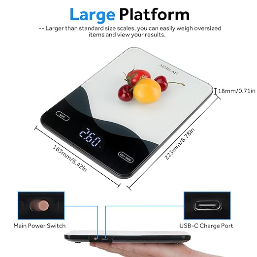 AIMILAR Digital Kitchen Scale 22lb/10kg USB-C Rechargeable, Tempered Glass Top Easy Clean, LED Touch Screen No Buttons, Auto Shut Off