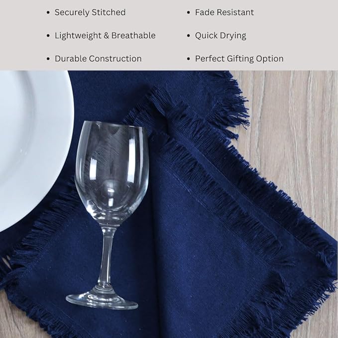 Cloth Dinner Napkins with Fringes 20x20 Inch 100% Cotton Set of 6 - for Dining Special Occasions Wedding Holidays Easter - Soft Durable Washable - Elegant Table Cloth Napkins Navy Blue
