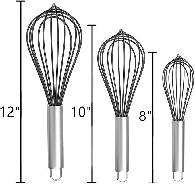 Silicone Whisk, Stainless Steel Wire Whisk Set - 3 PCS Rubber Whisks for Cooking, Non-stick Cookware, Kitchen, Balloon Egg Beater Perfect for Blending, Whisking, Black