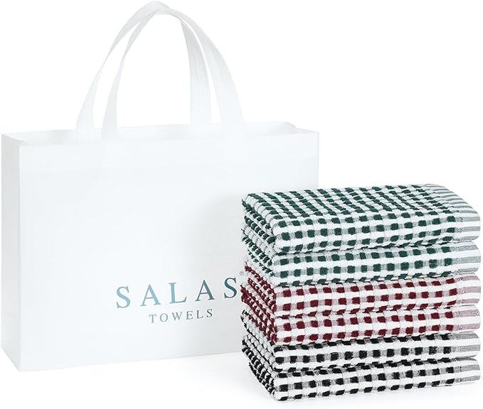 SALAS Cotton Dish Towels Cloths for Kitchen Drying Dishes, Lattice Terry Kitchen Towels, Highly Absorbent Kitchen Cloths with Hanging Loop, 16‘’ x 26‘’, 6 Packs, Wine Red Black and Green
