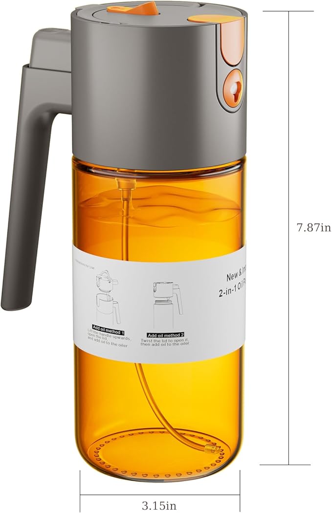 LUKUMIQI 2 in 1 Oil Sprayer for Cooking, 17oz Light-Blocking Glass Spray Bottle with Stickers, Oil Dispenser for Salad, Air Fryer & BBQ