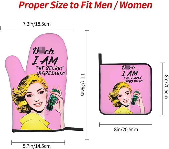 Cute Pink Oven Mitts and Pot Holders Set of 3, Heat Resistant Non-Slip Funny Hot Pad and Kitchen Gloves, Spring Funny Gifts for Cooking Lovers Women, Fun Kitchen Decor for Baking Cooking Grilling