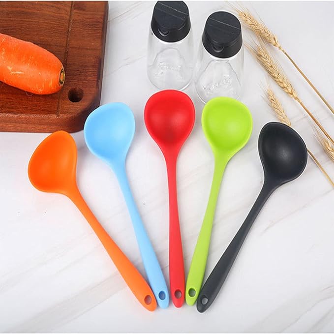 Set Of 5 Silicone Soup Ladle Spoons,High Heat Resistant SetNon-Stick Home Spoons Suitable For Serving & Cooking, Red Blue Black Orange Green Silicone, 7.87x2.55 (KK888)