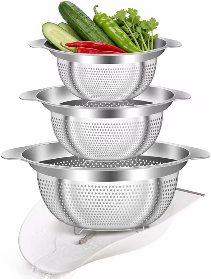 Stainless Steel Colander for Kitchen Pasta Rice Strainer for Spaghetti Fruit Cooking Food 3 Pcs Set Metal Mesh Strainers and Colanders(2QT, 3QT, 5QT),Dishwasher Safe,with Over-Sink Water Draining Base