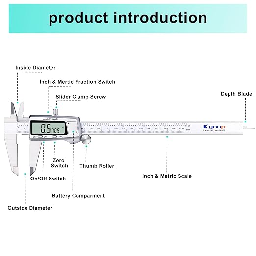 Kynup Digital Caliper 8 inch, Caliper Measuring Tool, Joint Calipers, Vernier Caliper, Stainless Steel, Full Turn Off, Switch from Inch Metric Fraction, Micrometer Digital for Household, DIY(200MM)