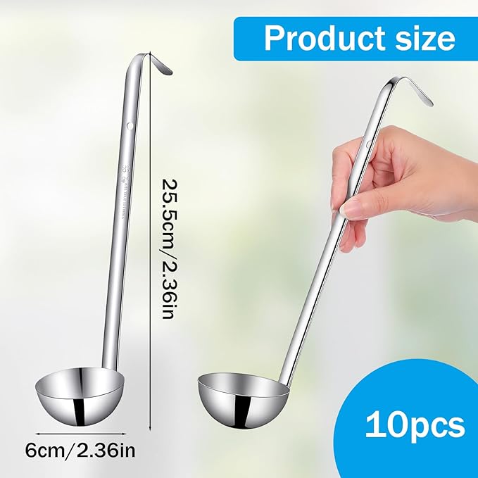 10PCS Stainless Steel Soup Ladle, 2 Oz Serving Ladles with 10" Long Handle for Portion Serving Cooking Stirring Portioning, Kitchen Restaurant Large Ladle Portion Control Spoons