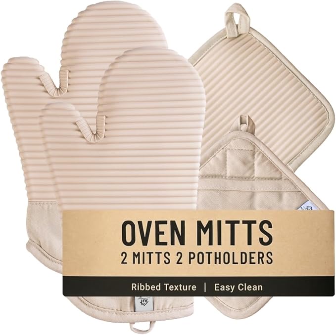 Extra Long Silicone Oven Mitts and Pot Holders Sets | Heat Resistant 500°F BPA-Free Food Grade Silicone Hot Pads & Kitchen Mittens | 4-Piece Set of Oven Gloves & Potholders for Kitchens.