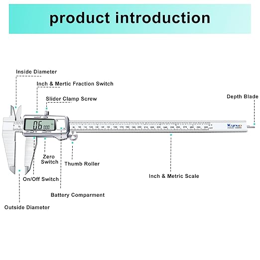 Kynup Digital Caliper 12inch, Caliper Measuring Tool, Micrometer Caliper with Full Turn Off Feature, Stainless Steel, Switch from Inch Metric Fraction (300mm)