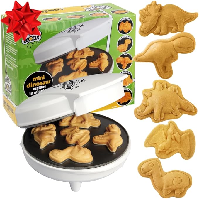 Dinosaur Mini Waffle Maker- 5 Different Double Sided 3D Shaped Dinos in Minutes- Kids Adults Breakfast Fun w/Cool Novelty Pancakes, Electric Baker, Non-Stick Waffler Iron w Recipe Guide, Gift for Him