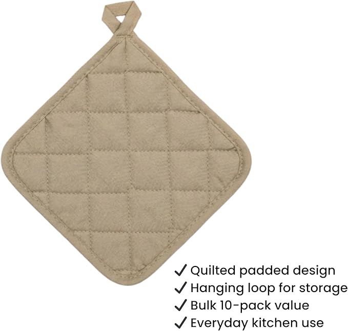 Lobyn Value Packs Economical Lightweight Bulk Potholders Ten (10) Pack Everyday Quality 6.5" Square Perfect for Craft Projects Beige