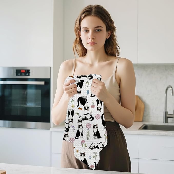 Jztco Cat Kitchen Towels, Floral Cats Gifts Reusable Hand Tea Towel, Microfiber Dish Cloths for Drying Dishes, Waffle Dish Towels for Kitchen Home Bathroom Decor, Cat Lover Gifts for Women Mom