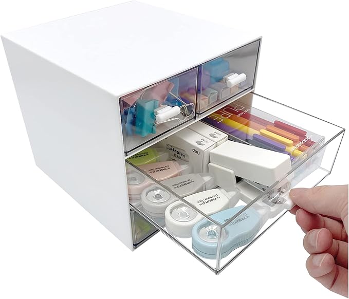 Marknor Makeup Organizer, Desk Organizer with 4 Drawers, Sundries Storage,Vanity Organizer, Cosmetic Storage Organizer, Desk Storage Box, Bathroom Counter or Dresser, White QBH-4CT-1