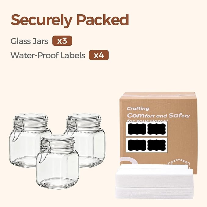 ComSaf 3-Pack Square Glass Coffee Canisters for 1lb Bean Bags, 34oz Airtight Jars with Clamp Lids for Tea, Sugar & Flour, Space-Saving Pantry Organization for Small Apartments & Coffee Station