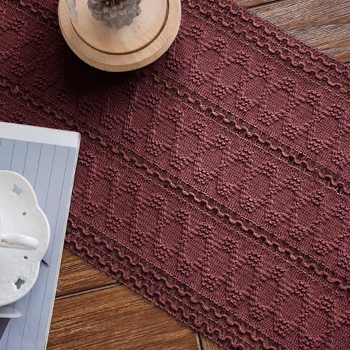 Alynsehom Macrame Table Runner Burgundy Boho Table Runners with Tassels Hand Woven Cotton Table Runner Rustic Farmhouse Table Runners for Bohemian Kitchen Dining Table(12x108in)