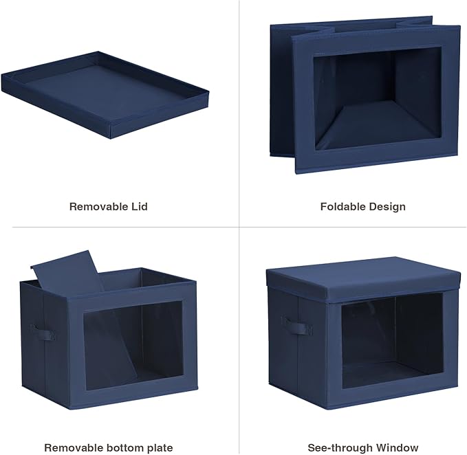 Homsorout Stackable Storage Bins with Lids - Large Storage Box with Lids, Foldable Closet Boxes for Organizing, Wardrobe Clothes Organizer with Window, Cubes Bins for Living Room, 4 Pack, Navy Blue