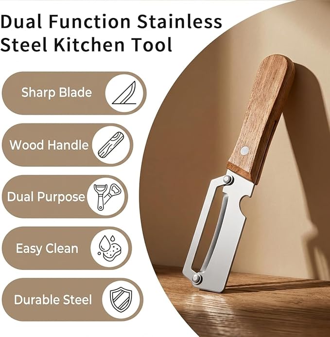 2026 New 2-in-1 Multifunctional Vegetable Peeler – Stainless Steel Blade with Wooden Handle & Bottle Opener, Effortlessly Peels Fruits & Vegetables, Ideal Kitchen Tool Gift (2-Pack)