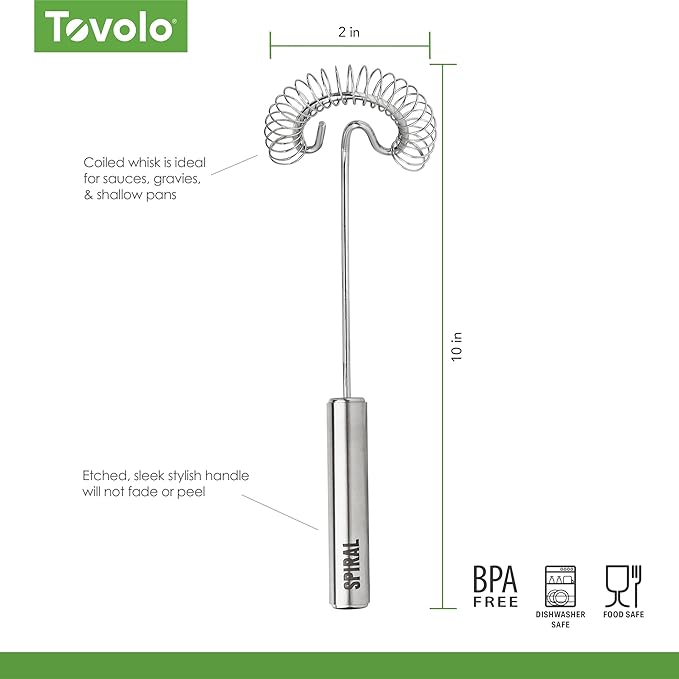 Tovolo Spiral Whisk Stainless Steel 10” Sauce and Gravy Whisk for Cooking Blending Mixing Stirring Whipping Whisking and Egg Beating, Easy to Clean Dishwasher Safe Kitchen Flat Bottom Coil Whisker