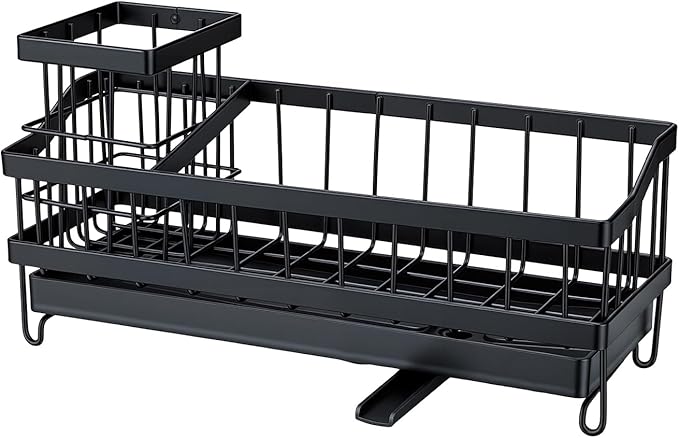 Sink Caddy & Organizer with Drain Tray, Countertop Holder for Sponges, Dishwashing Liquid, Long Handle Scrubber Compartment - Black