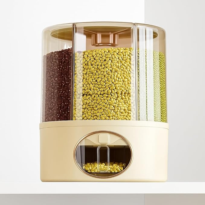 Premium 6-Grid Rotating Food Dispenser with Sealed Lid – 360° Rotation Grain Storage Container for Rice, Beans, Cereal, Peanuts, Barley, and More – Kitchen Pantry Organizer