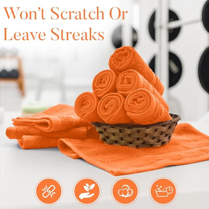 DAN RIVER 12-Pack Premium 100% Cotton Orange Face Towels for Bathroom - Reusable Face Wash Cloths for Showering 12x12 Inches - 550 GSM Super Soft & Absorbent Luxury WashCloths for Body, Spa & Gym