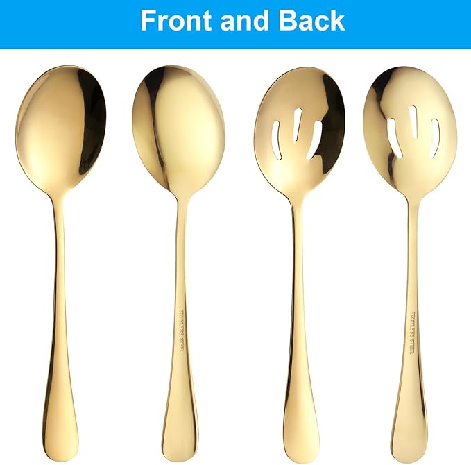 24-Piece Serving Set, 12 Serve Spoon & 12 Slotted Spoon, 8.7-Inch Stainless Steel Banquet Spoons, Large Utensils for Kitchen, Gold