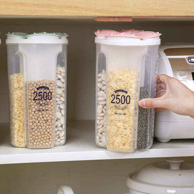 Airtight Kitchen Food Storage Container, Leak-Proof BPA Free Plastic Plastic Dry Cereal Dispensers Containers with Durable Lids for Flour, Sugar, Rice (2500ml 4 Color-4 Grid)