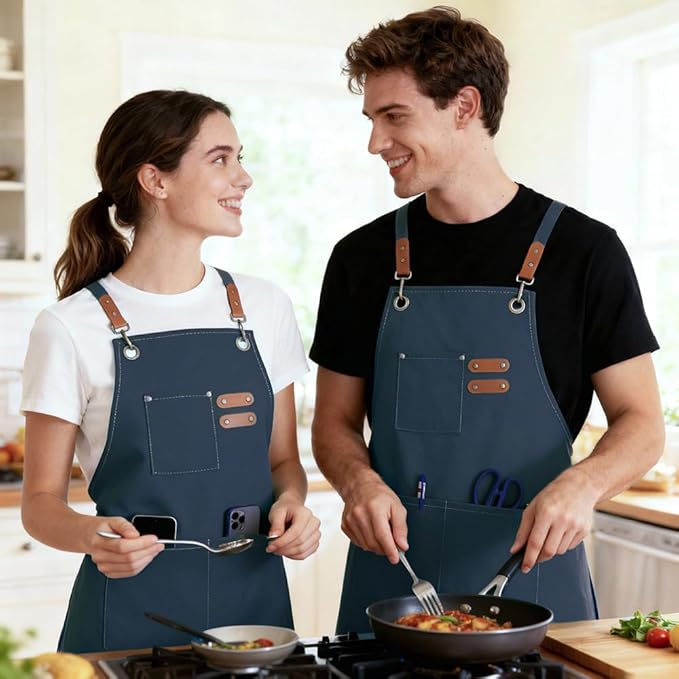 Chef Apron for Women Men with Pockets, Cotton Canvas Cross Back Adjustable Gardening Apron