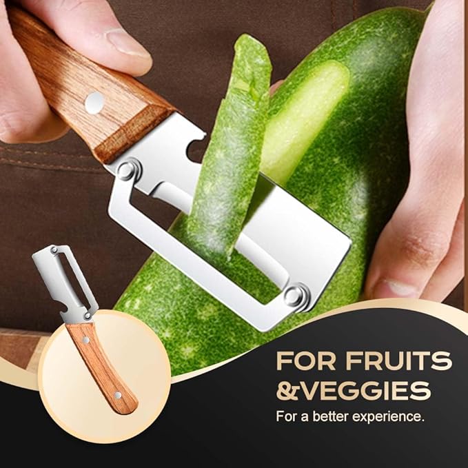 Vegetable Peeler with Wooden Handle, Multifunctional Fruit Peeler for Kitchen, Stainless Steel Blade Peeler with Built-in Bottle Opener (1PC)