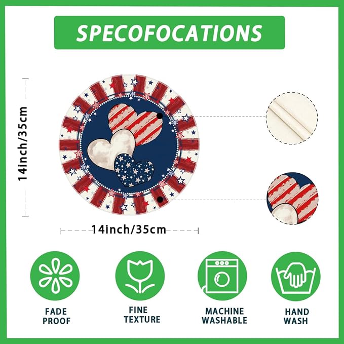 Heart Stripe Stars 4th of July Round Placemats Set of 4 14x14 Inch Patriotic America Memorial Day Independence Day Table Decorations Cloth Table Mats