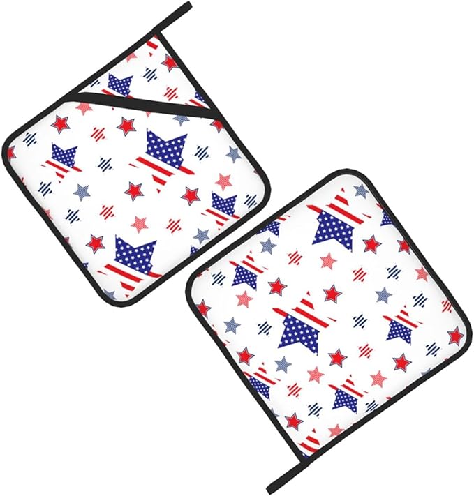 Christmas Potholders,4Th of July Patriotic Pot Holder Set Blue Stars Strip Kitchen Decor Cooking Heat Resistant Hot Pads for BBQ Baking Grilling(8"x8")