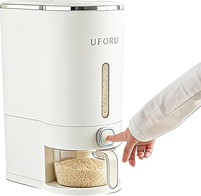 Rice Dispenser, Rice Storage Container with Measuring Cup for Kitchen Pantry Household, Cereal Dry Food Storage Containers Airtight, Sealed Moisture Proof (White 22 Lbs)