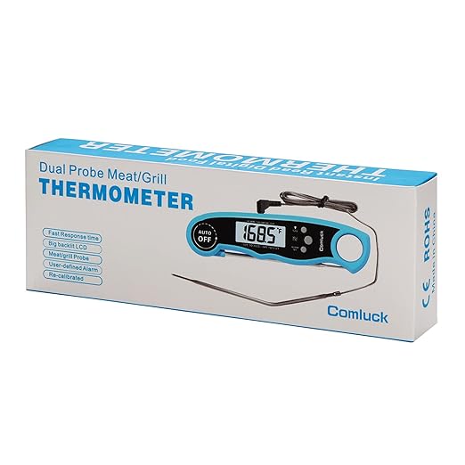 Digital Meat Thermometer for Cooking - Comluck CA002 Instant Read Meat Thermometer for Grilling and Smoking 2-in-1 Dual Probe Oven Safe Food Thermometer with Alarm for Grill BBQ Steak Turkey