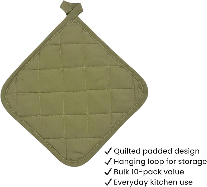 Lobyn Value Packs Economical Lightweight Bulk Potholders Ten (10) Pack Everyday Quality 6.5" Square Perfect for Craft Projects Sage Green