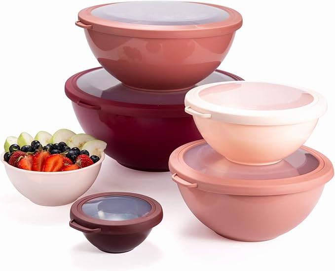 COOK WITH COLOR Mixing Bowls with Lids - 12 Piece Plastic Nesting Bowls Set includes 6 Prep Bowls and 6 Lids, Microwave Safe Mixing Bowl Set, Rose TPR Lid