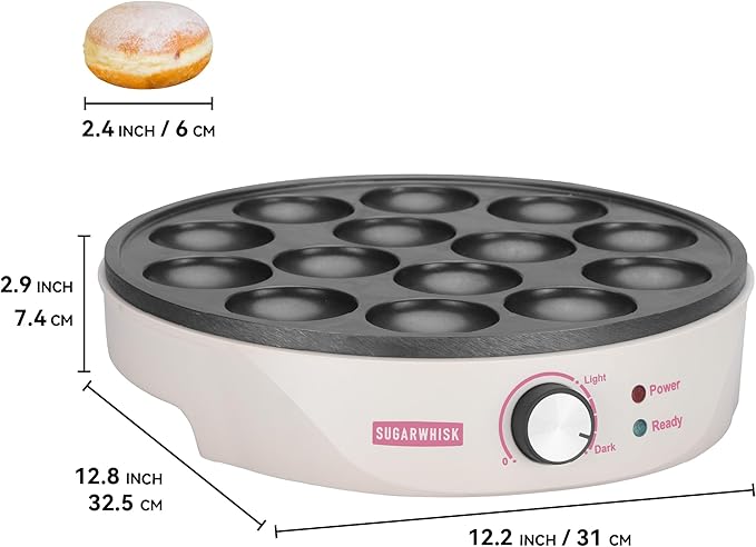 SugarWhisk Mini Pancakes Maker Machine with 14 Larger & Deeper Grooves, Electric Mini Pancake Pan, Aebleskiver Pan, Ebelskiver Pan, Browning Controllable, White