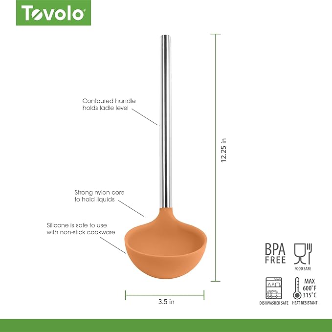 Tovolo Silicone Ladle With Stainless Steel Handle Deep Soup Ladle for Cooking Canning Serving Soup Punch Stew Sauce, Large Kitchen Utensil Spoon Dishwasher Safe BPA Free Silicone Apricot Orange