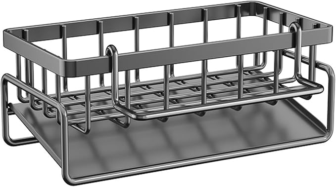 Sponge Holder for Kitchen Sink with Rag Holder, Kitchen Countertop Organizers and Storage Essentials, Rustproof Carbon Steel, Soap Dispenser Organize-Grey